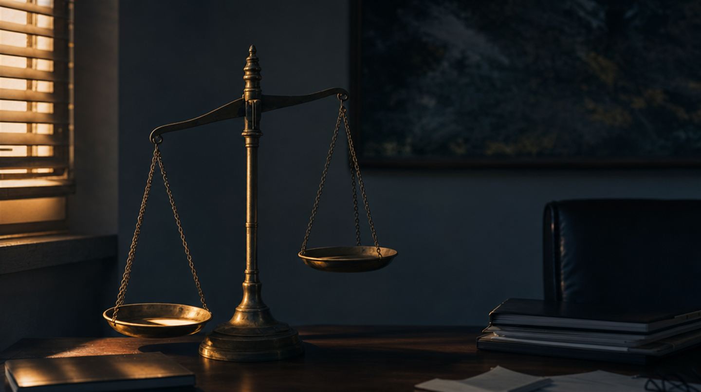 Una balanza de latón antigua sobre un escritorio, con los dos platos vacíos a alturas claramente distintas, como metáfora de dos techos de sanción diferentes