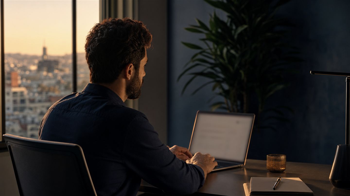 Profesional de espaldas trabajando en un portátil cuya pantalla queda fuera de foco, como metáfora de una conversación al otro lado de una pantalla