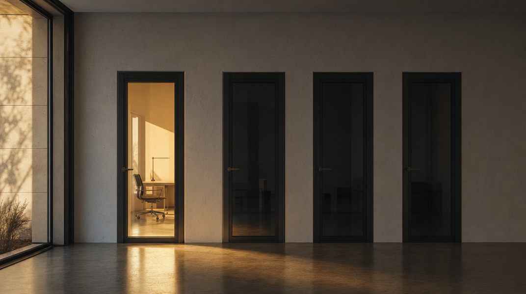 Cuatro puertas idénticas en fila en un pasillo de oficina, solo una iluminada por dentro, como metáfora de cuatro supuestos de los que normalmente solo aplica uno