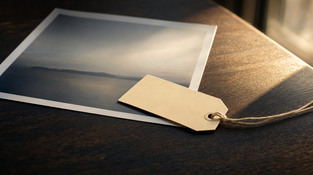 Una foto impresa sobre una mesa con una etiqueta de papel en blanco encima, como metáfora del contenido que lleva su propio aviso de IA
