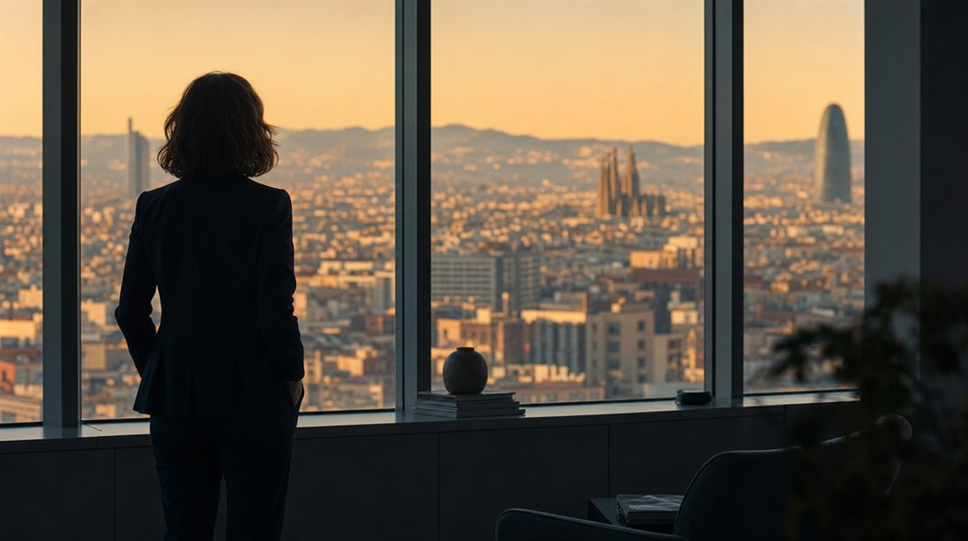 Una persona mirando por la ventana de su oficina al atardecer, con calma, tras entender qué le obliga el AI Act a su empresa