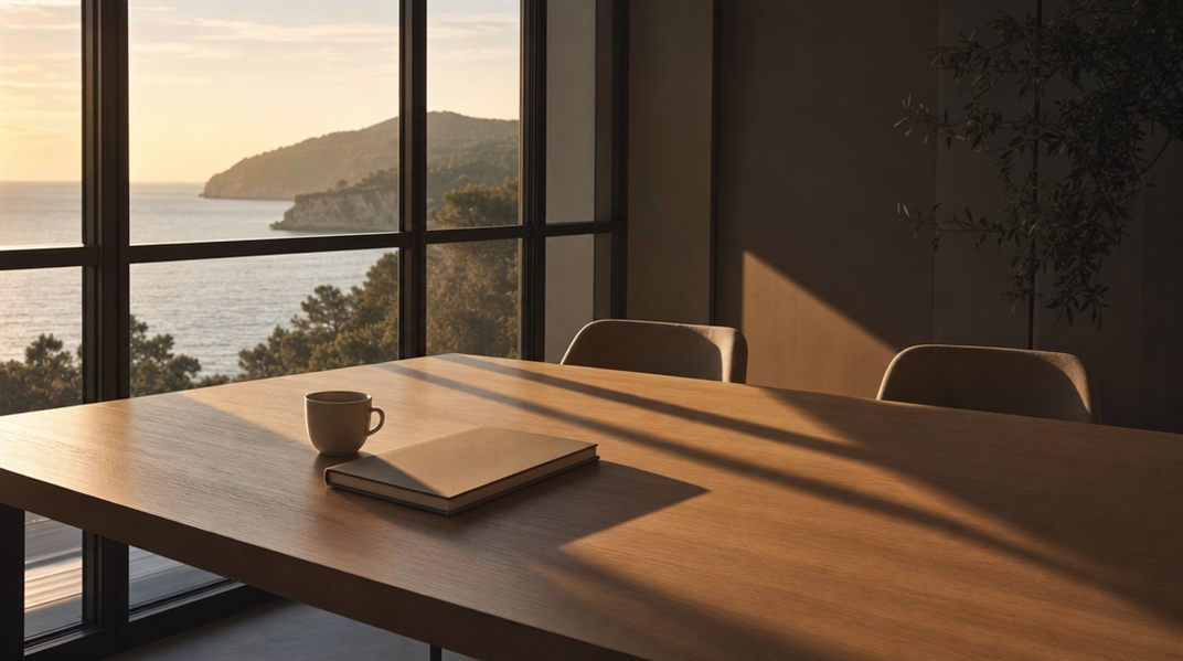 Mesa de reuniones de roble junto a una ventana con sombras largas de la tarde, en calma, para entender el AI Act sin prisa