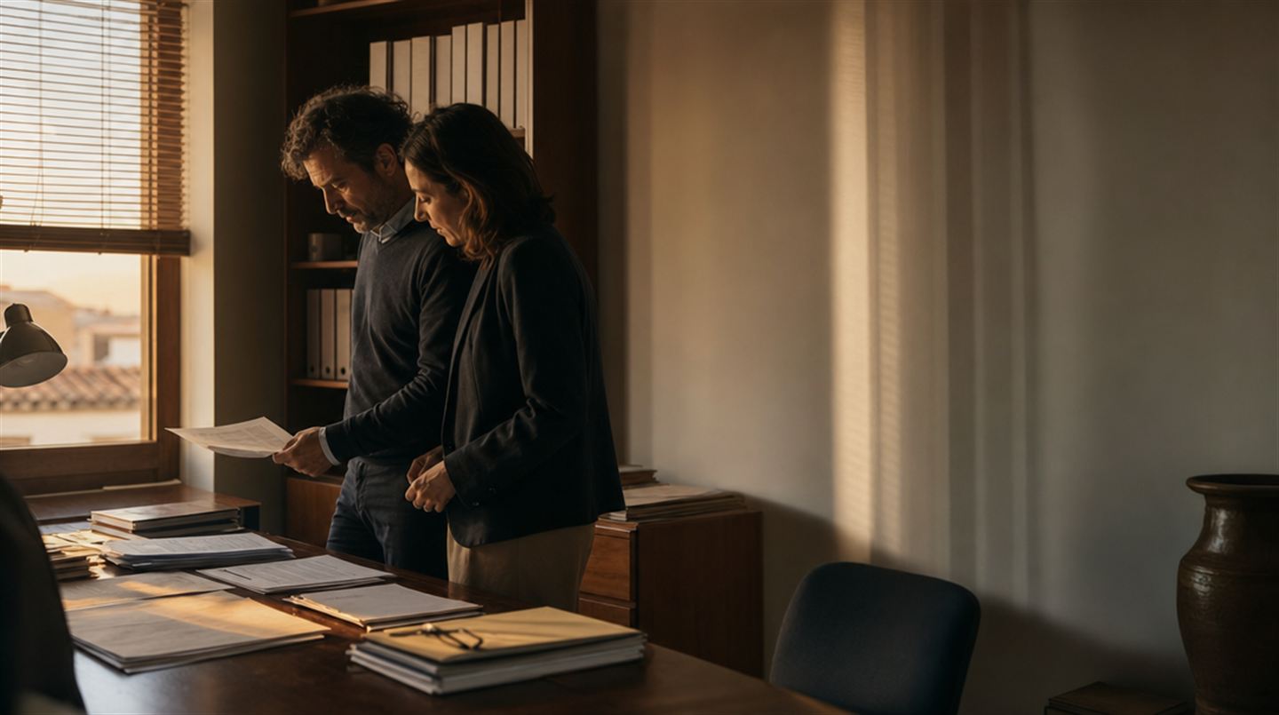 Dos profesionales de una pequeña empresa española revisando papeles de pie junto a una mesa, con luz de tarde por la persiana