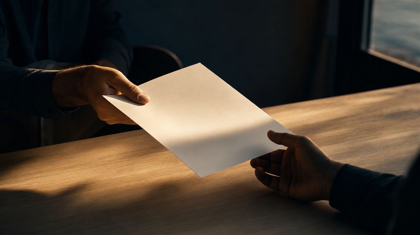 Una mano pasando una única hoja de papel en blanco a otra mano sobre una mesa de roble, con luz cálida de atardecer
