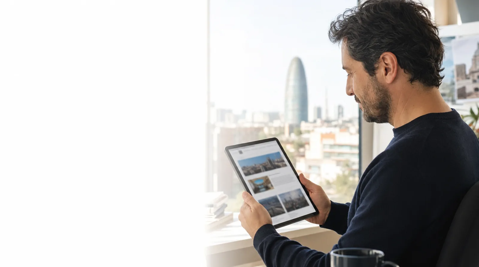 Un profesional lee BeNews en una tablet con el skyline de Barcelona al fondo