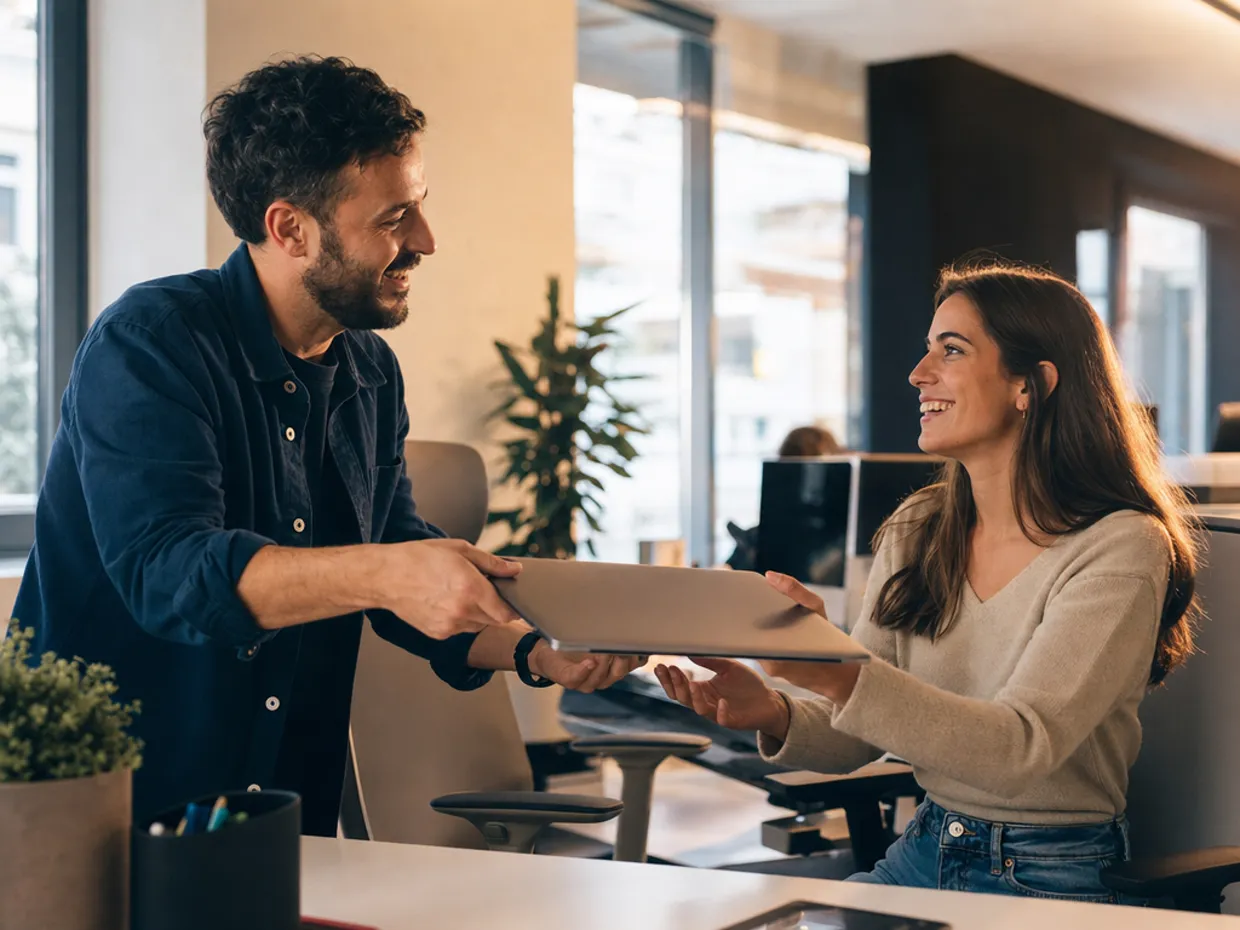 Especialista de BeServices entregando un portátil configurado a una nueva empleada