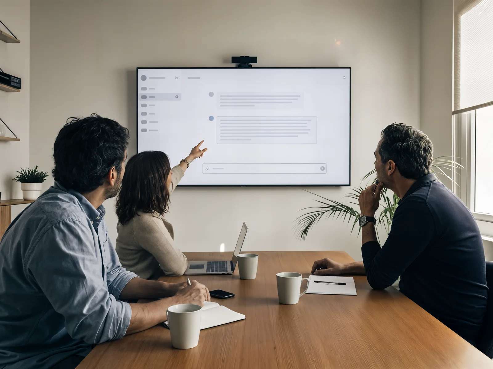 Tres personas de una pyme revisando la respuesta de un asistente de IA en la pantalla de la sala