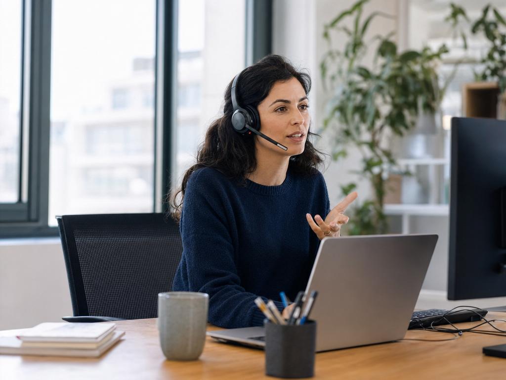Especialista de soporte de BeServices atendiendo a un cliente con auriculares